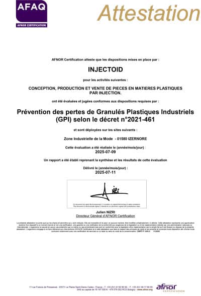 Injectoïd obtient la certification GPI : Prévention des pertes de Granulés Plastiques Industriels